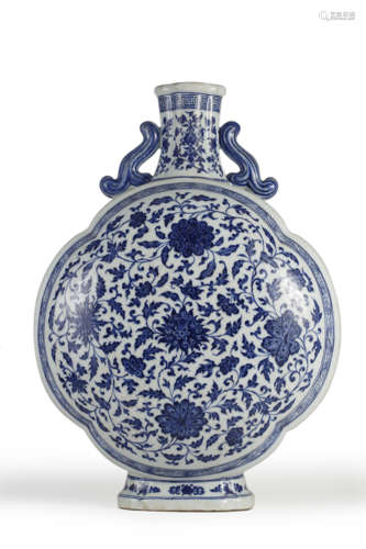 Blue and White Interlocking Lotus Moonflask