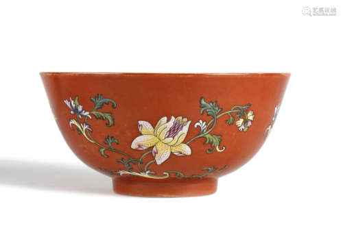 Red Ground Falangcai Glaze Flower Bowl