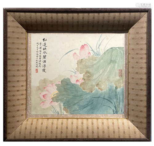 Chinese Lotus Painting Paper with Frame, Wu Hufan