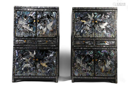 Mother-of-Pearl Inlaid Black Lacquer Cabinets