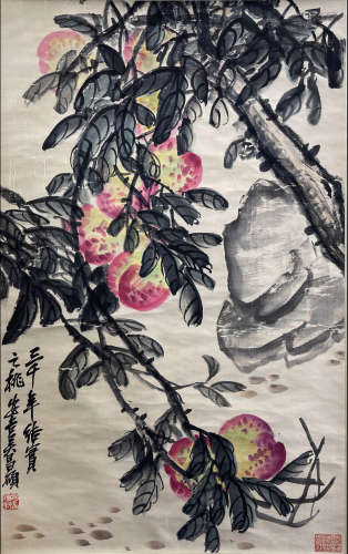 Chinese Peaches Painting Paper Scroll, Wu Changshuo