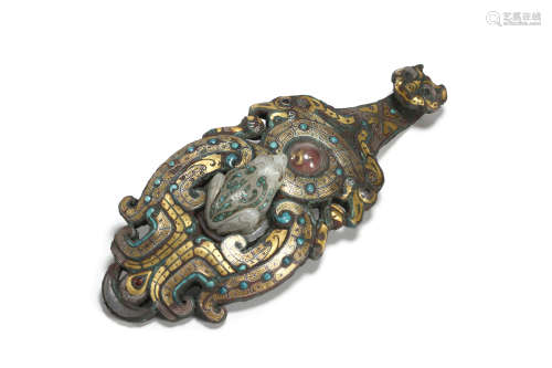 Turquoise and Gold Inlaid Bronze Belt Hook
