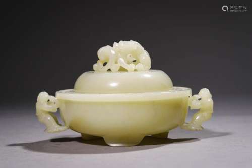 Qing: A Carved White Jade Incense Burner