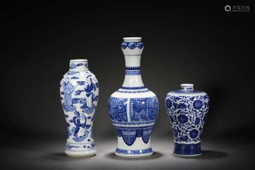 Qing Dynasty:blue and white porcelain group (3 pieces in tot...