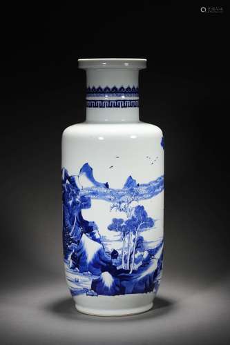 Qing Dynasty:blue and white landscape stick bottle