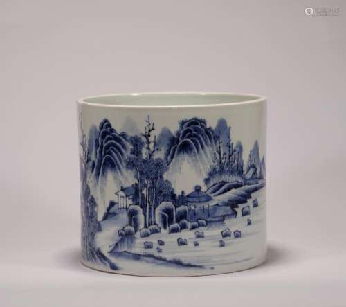 Qing Dynasty:blue and white landscape character pen holder