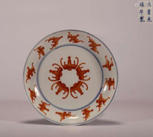 Qing Dynasty:Alum red bat pattern plate