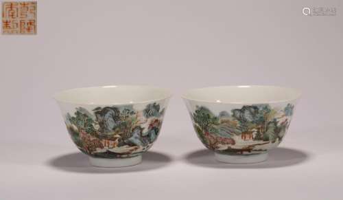 Qing Dynasty:Pastel landscape grain bowl pair