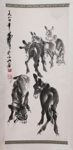 Huang Zhou mark?Five donkey scroll painting