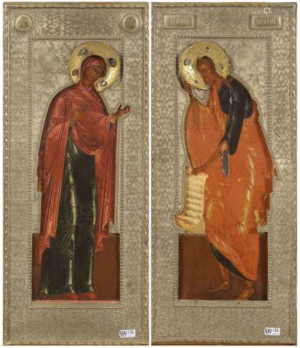 Paire d'icônes peintes sur bois représentant "La Vierge...