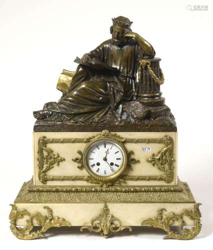 Importante pendule Napoléon III en marbre blanc et bronze à ...