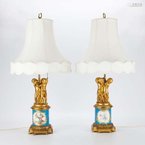 Pr Sevres Style Porcelain Lamps w/ Bronze Putti