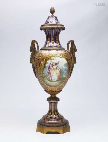 Large Cobalt Blue Sevres Style Porcelain Urn