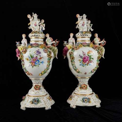 Pr of Large Porcelain Von Schierholz Urns 30 in.