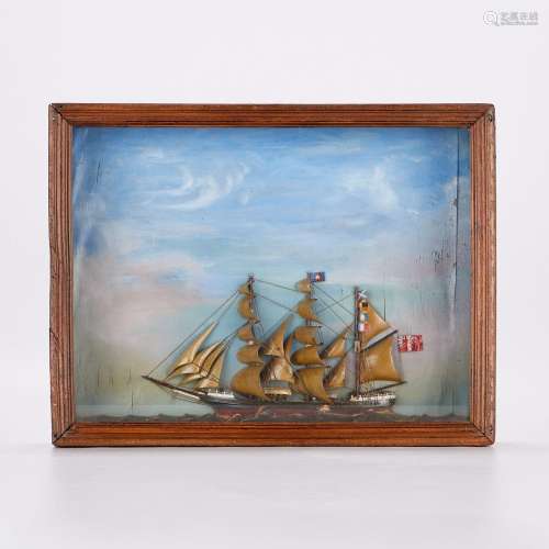 Folk Art Wooden Ship Diorama w/ Case