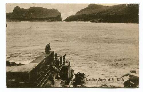 A printed postcard titled 'Landing Stores at St. Kilda' post...