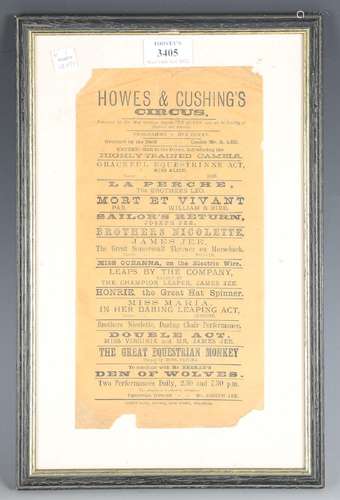 CIRCUS. A Victorian playbill for Howes & Cushing's Circu...