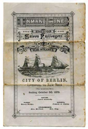 SHIPPING. A printed 'Inman Line List of Saloon Passengers' d...