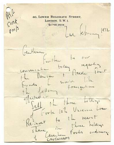 AUTOGRAPH. An autograph letter signed (a.l.s.) by Lord Lucan...