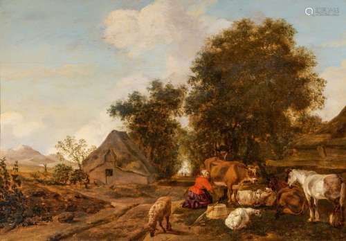 Dutch Village Road with a Peasant Woman Milking a Cow
