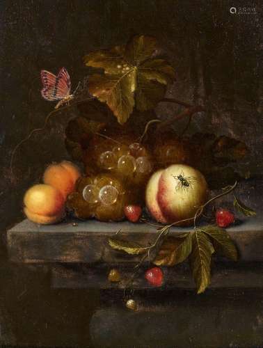 Still Life with Grapes, Peaches and a Cherry Branch Lying on...