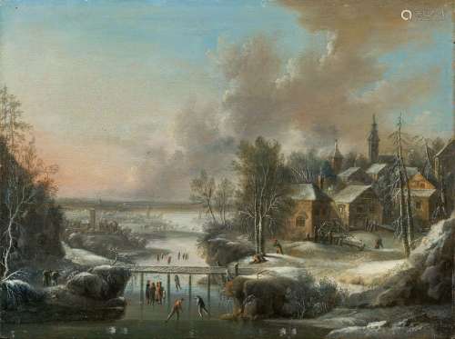 Winter Scenery with People on a Frozen Lake