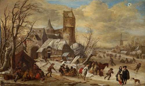 Winter Landscape with People in Front of a Tent, in a Horse-...
