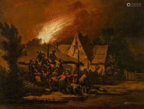 Farmers Extinguishing a Barn Fire at Night
