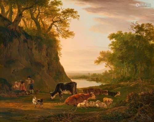 Sheperds with their Livestock in a Vast Evening Landscape