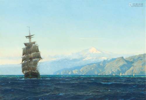 Sailing Ship on the Strait of Messina in front of Mount Etna