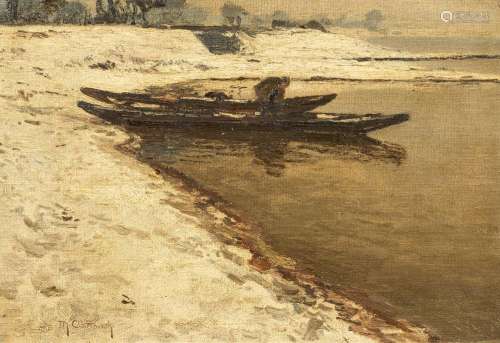 Boats at the Snowy Banks of the Rhine