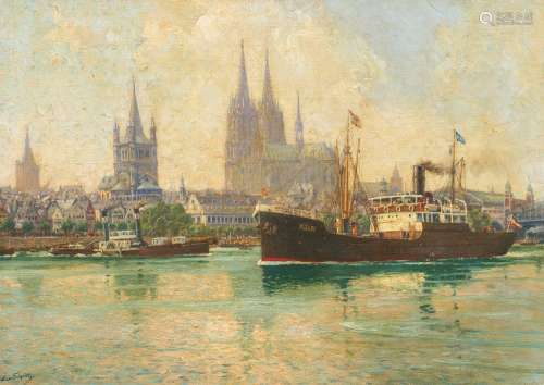 Steamer on the Rhine in front of the Old Town of Cologne