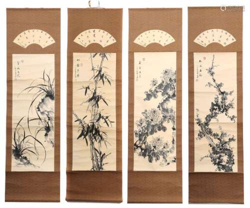 4 Rollbilder mit Tuschmalereien China, Papier/Tusche/Stoff, ...
