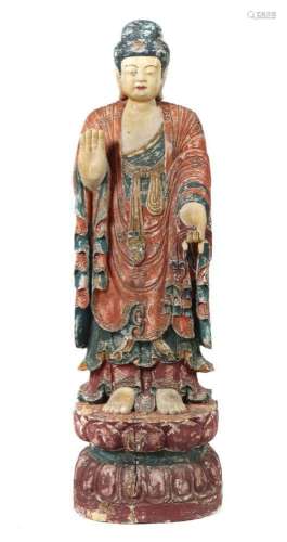 Stehender Buddha China, 20. Jh., Holz/auf Kreidegrund farbig...