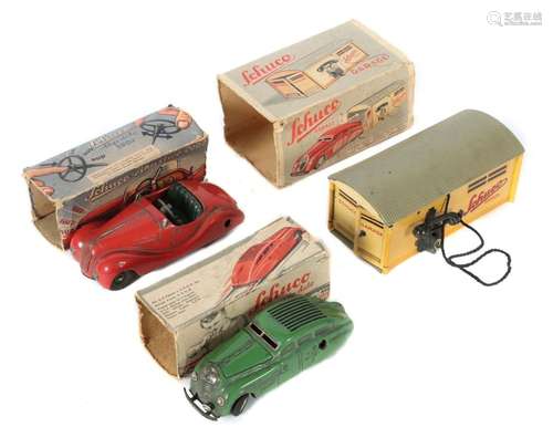 2 Wagen, 1 Garage Schuco, 1 x Schuco Akustico 2002, rot, mad...