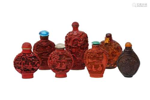 A GROUP OF FIVE LACQUER-STYLE BOTTLES AND TWO RESIN BOTTLES