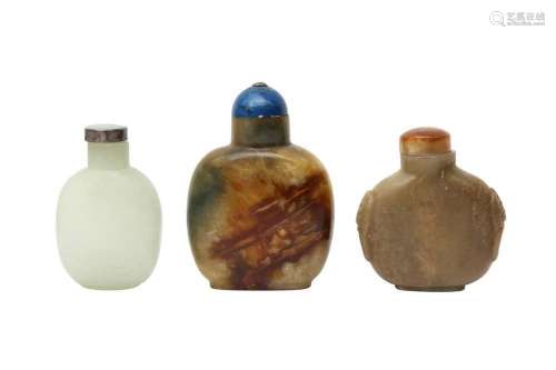 TWO CHINESE CELADON JADE AND ONE GLASS SNUFF BOTTLE