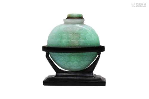 A CHINESE APPLE-GREEN JADEITE SNUFF BOTTLE, STOPPER AND STAN...