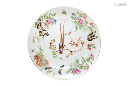 A CHINESE CANTON FAMILLE-ROSE `BIRD AND BUTTERFLY` DISH