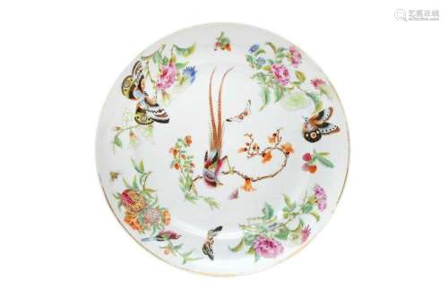 A CHINESE CANTON FAMILLE-ROSE `BIRD AND BUTTERFLY` DISH