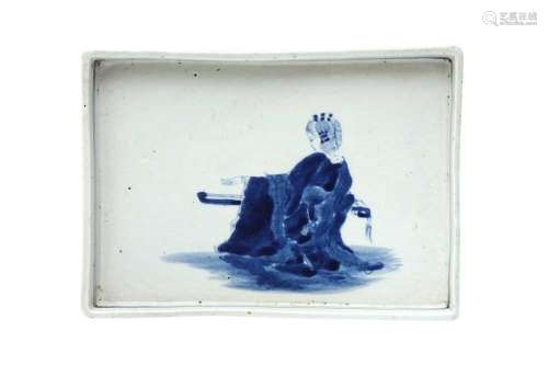 A CHINESE BLUE AND WHITE RECTANGULAR `MUSICIAN` TRAY