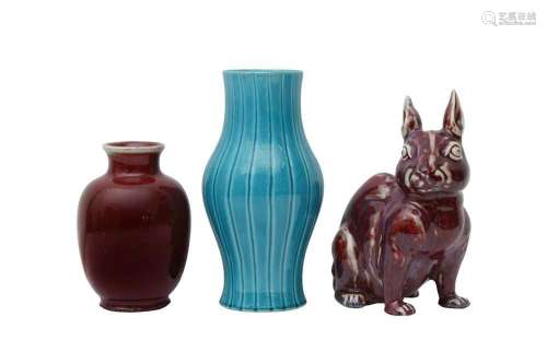 TWO CHINESE VASES TOGETHER WITH A FIGURE OF A RABBIT