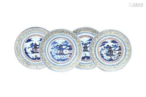 A SET OF FOUR CHINESE ENAMELLED BLUE AND WHITE `LANDSCAPE` D...