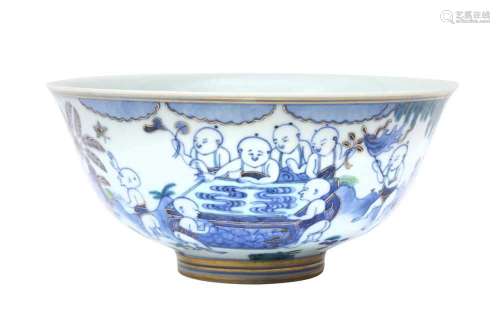 A CHINESE BLUE AND WHITE `BOYS` BOWL