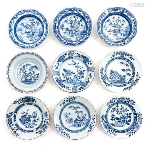 A Collection of 9 Blue and White Plates