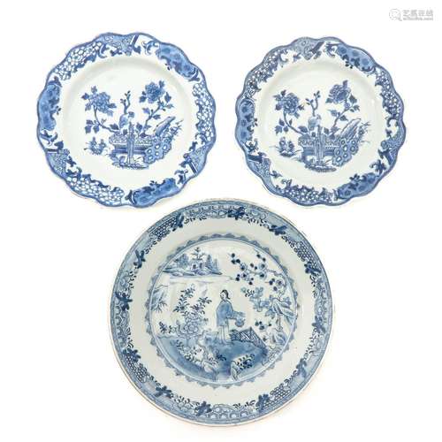 A Collection of 3 Blue and White Plates