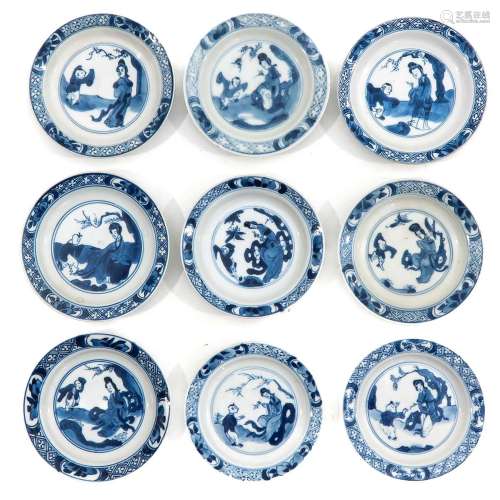 A Collection of 9 Small Blue and White Plates