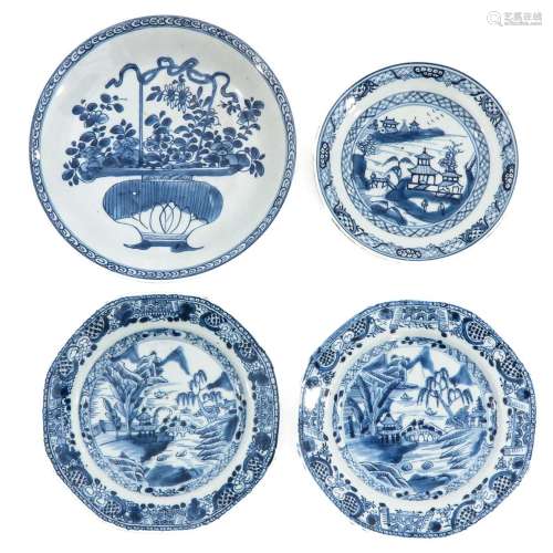 A Collection of 4 Blue and White Plates