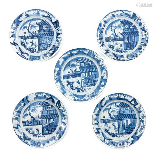 A Series of 5 Blue and White Plates