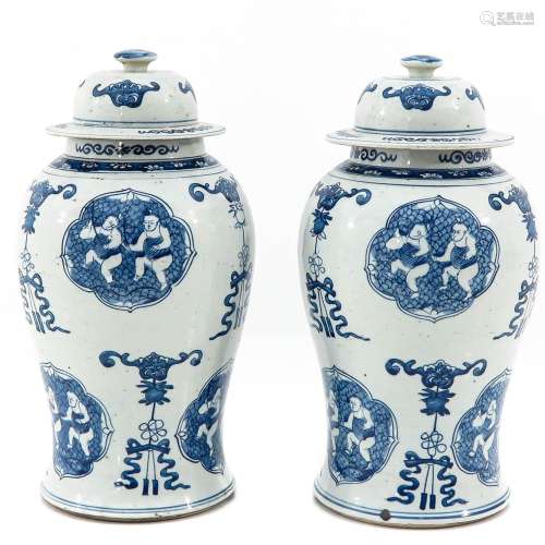 A Pair of Blue and White Jars with Cover